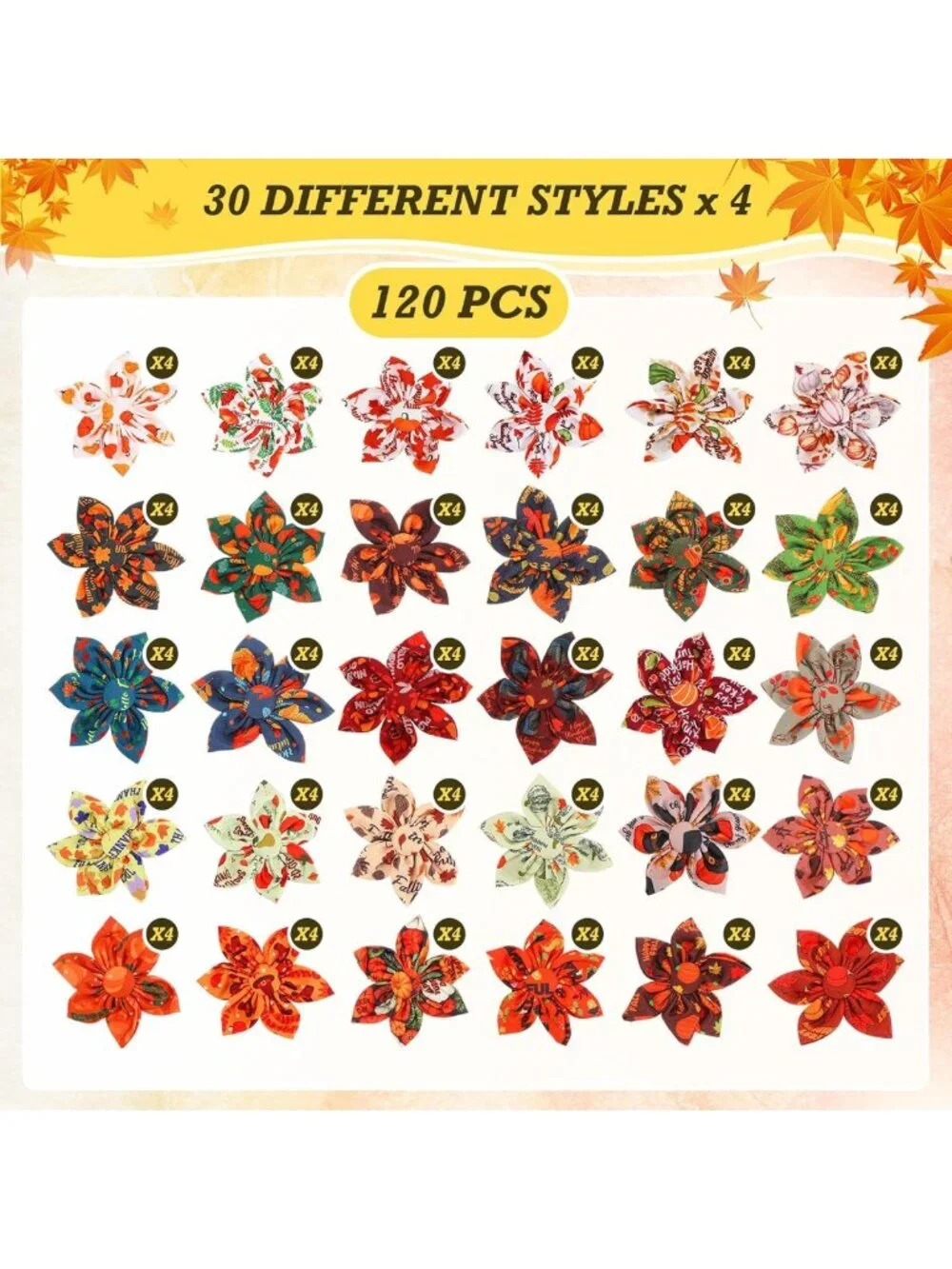 120 Pcs Fall Dog Collar Flowers & Bow Ties - Thanksgiving Pet Accessories for
